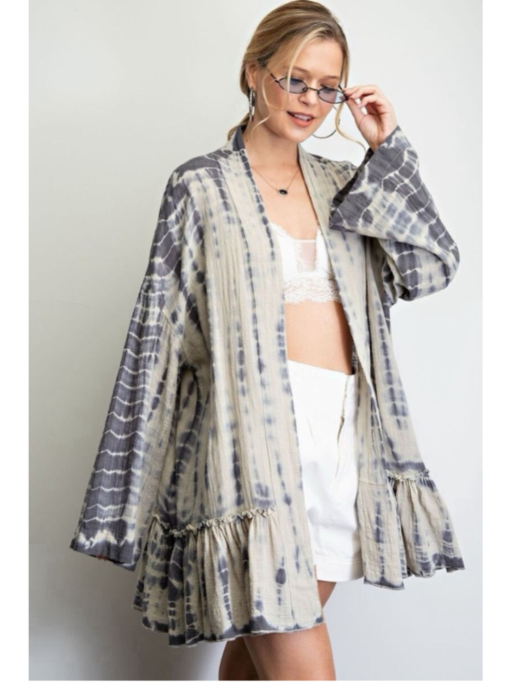 Easel Tie Dye Cotton Cardigan 1X Boho Open Front Ruffle Hem Lightweight Kimono